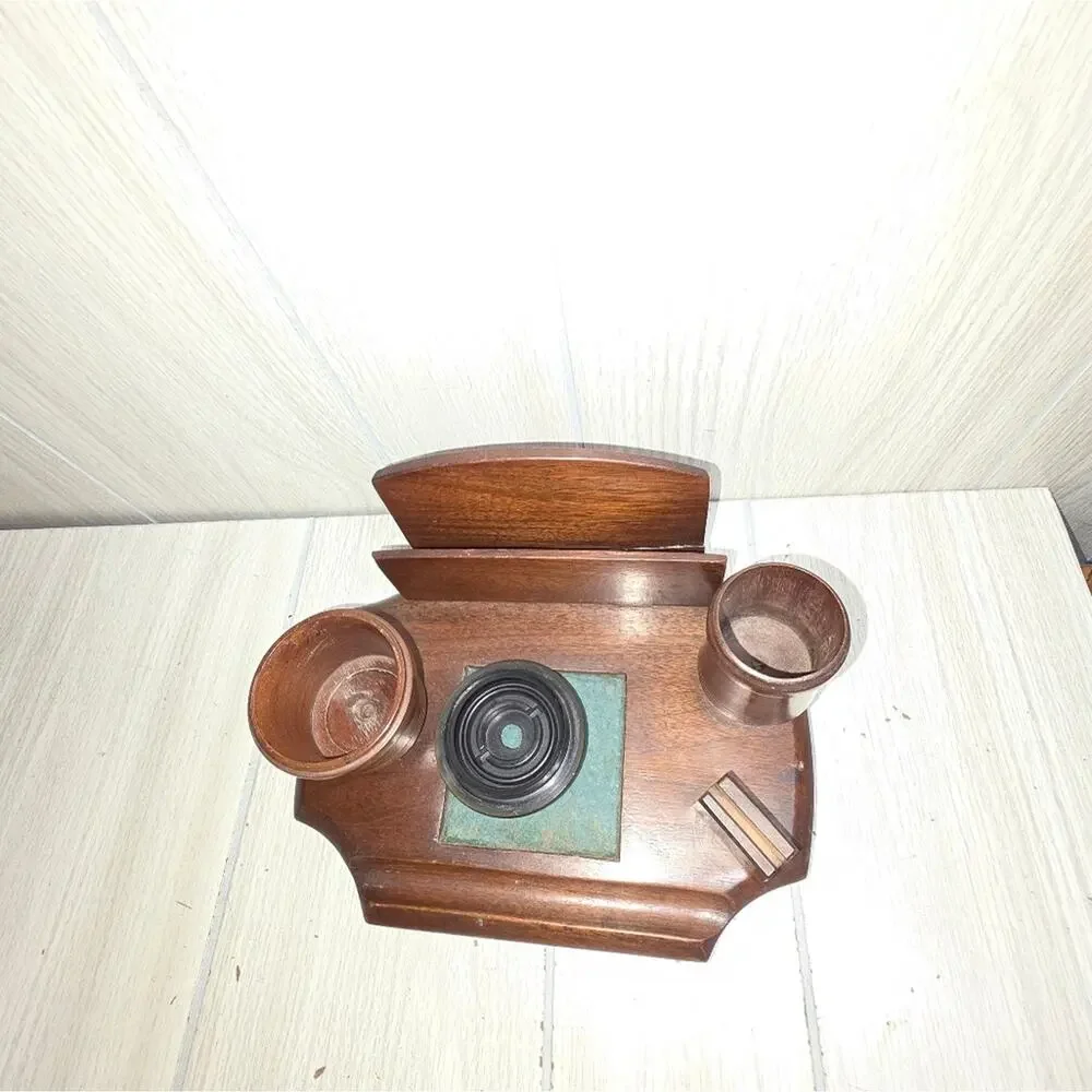 Vtg Antiqe 1920s? French Wooden French Desk Tidy Organizer Lided Ink Well Pen